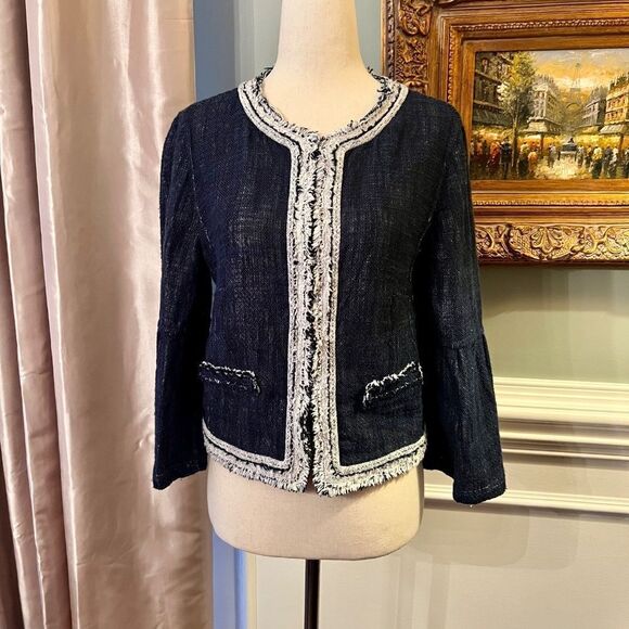 EUC Women's Elie Tahari Navy White Linen Blend Woven Fringe Jacket Size SMALL - Picture 2 of 10